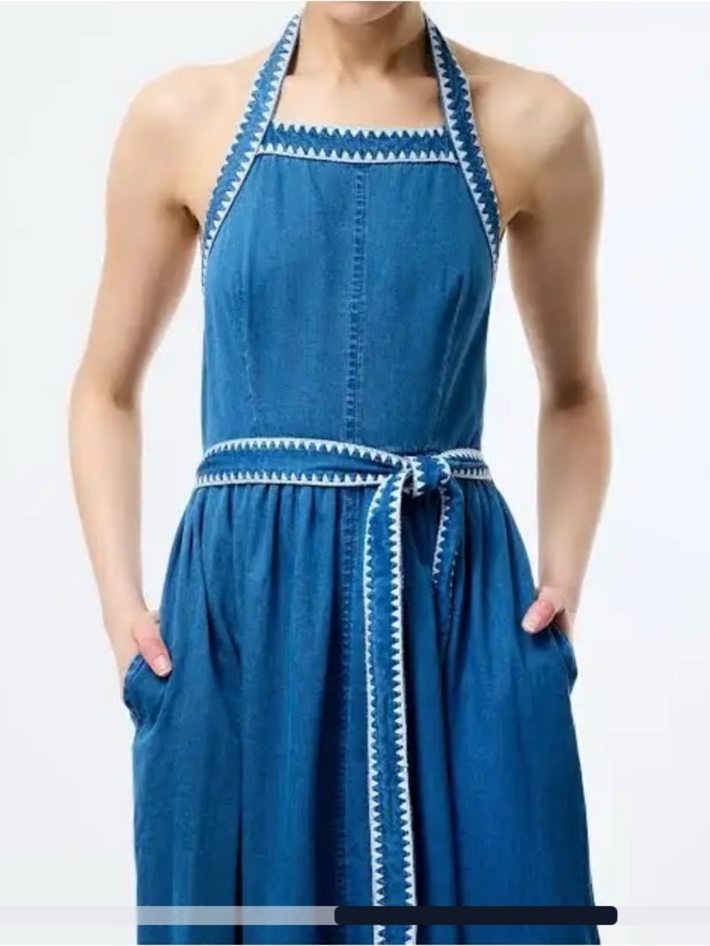 French Connection Blue Denim Halter Midi Dress with Trim